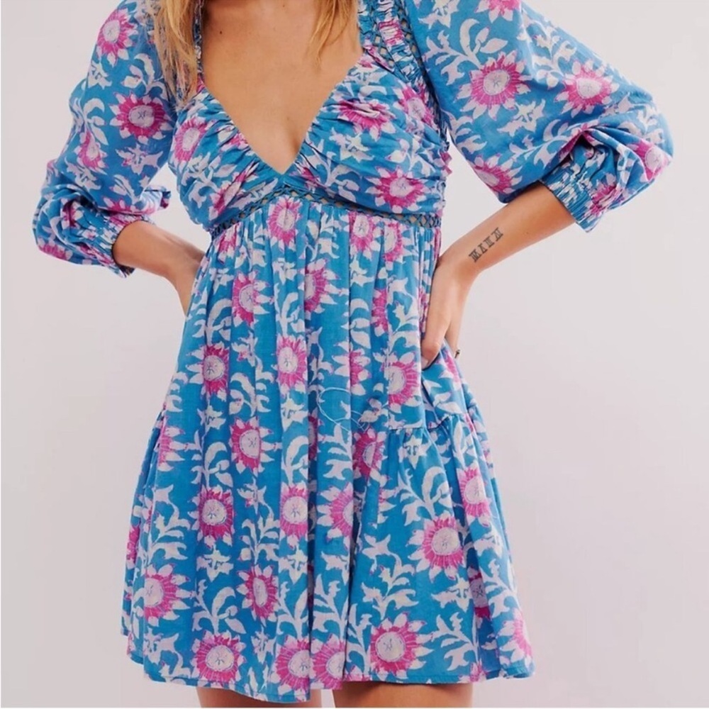 Free People Sacha Mini Babydoll Dress Floral 3/4 Sleeve Beaded Back Tie Women L